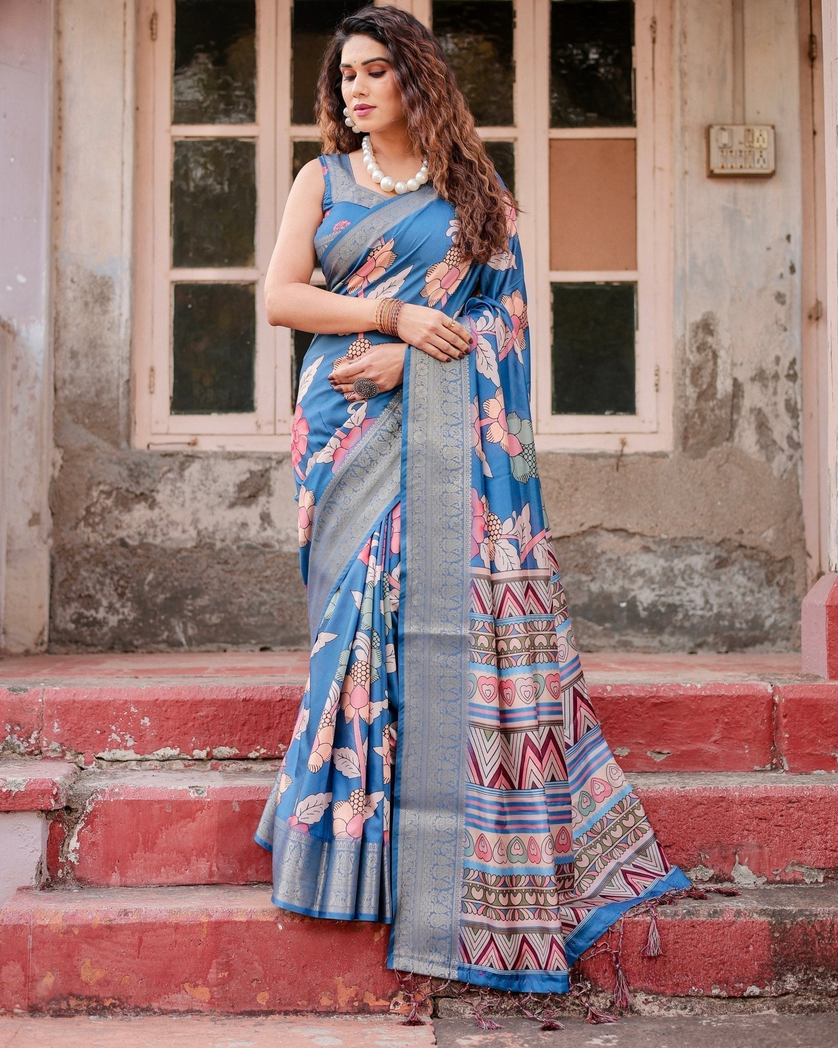 Sky Blue Tussar Silk Saree with Bold Floral Motifs and Chevron Pallu Design Secondary image
