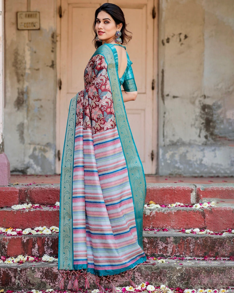 Maroon and Teal Tussar Silk Saree with Floral Zari Weave and Striped Pallu DIGITAL PRINT