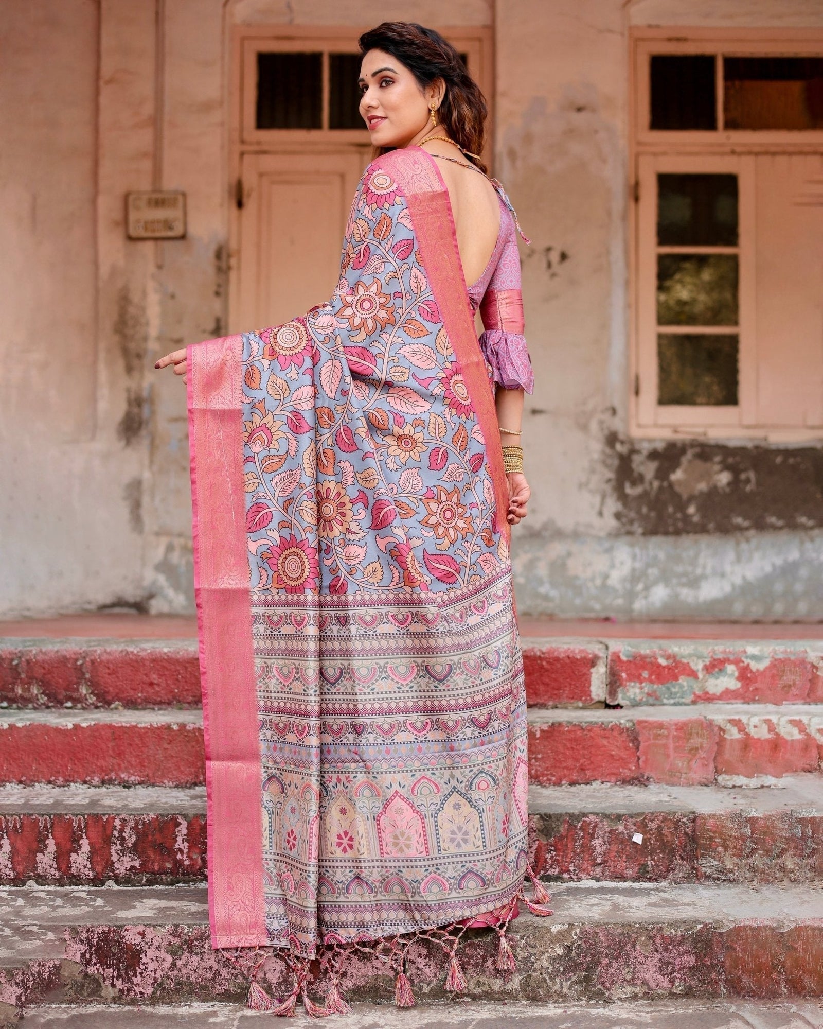 Graceful Grey Tussar Silk Saree with Pink Zari Border and Intricate Floral Motifs DIGITAL PRINT