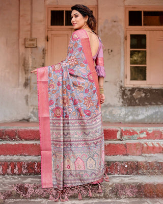 Graceful Grey Tussar Silk Saree with Pink Zari Border and Intricate Floral Motifs DIGITAL PRINT