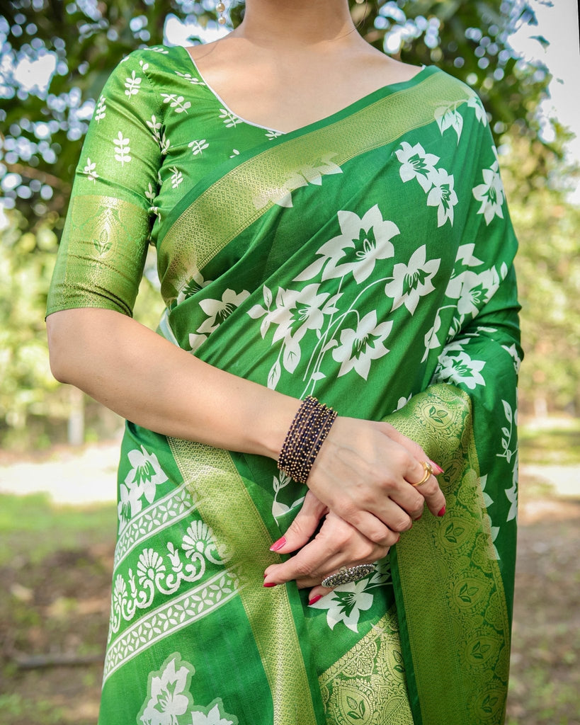 Enchanting Green Tussar Silk Saree with White Floral Prints and Zari Border DIGITAL PRINT