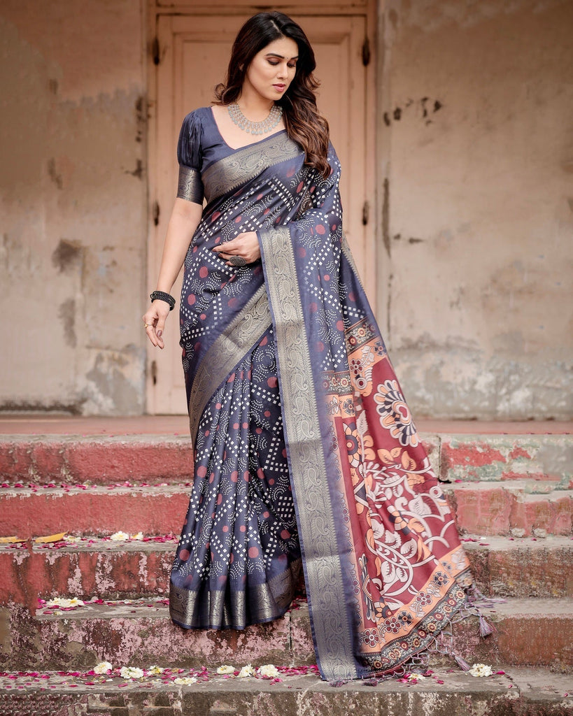 Navy Blue Tussar Silk Saree with Geometric Patterns, Zari Border, and Vibrant Pallu DIGITAL PRINT