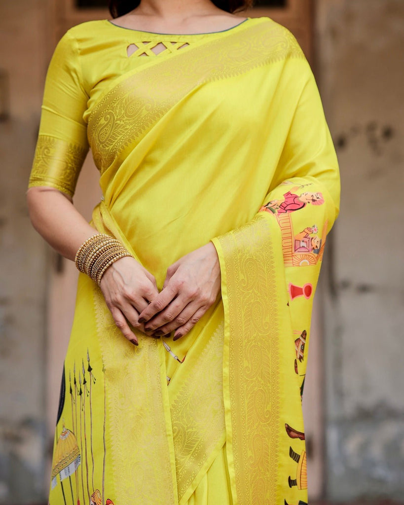 Vibrant Yellow Tussar Silk Saree with Royal Procession Pallu and Zari Accents DIGITAL PRINT
