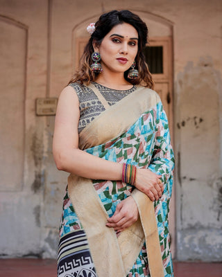 Contemporary Abstract Print Saree with Gold Border and Monochrome Patterned Pallu DIGITAL PRINT