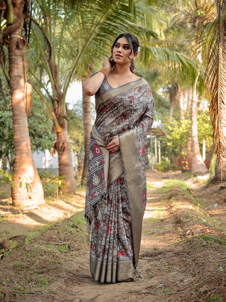 Stunning Grey Tussar Silk Saree with Golden Zari Border and Mosaic-Inspired Pallu Design DIGITAL PRINT
