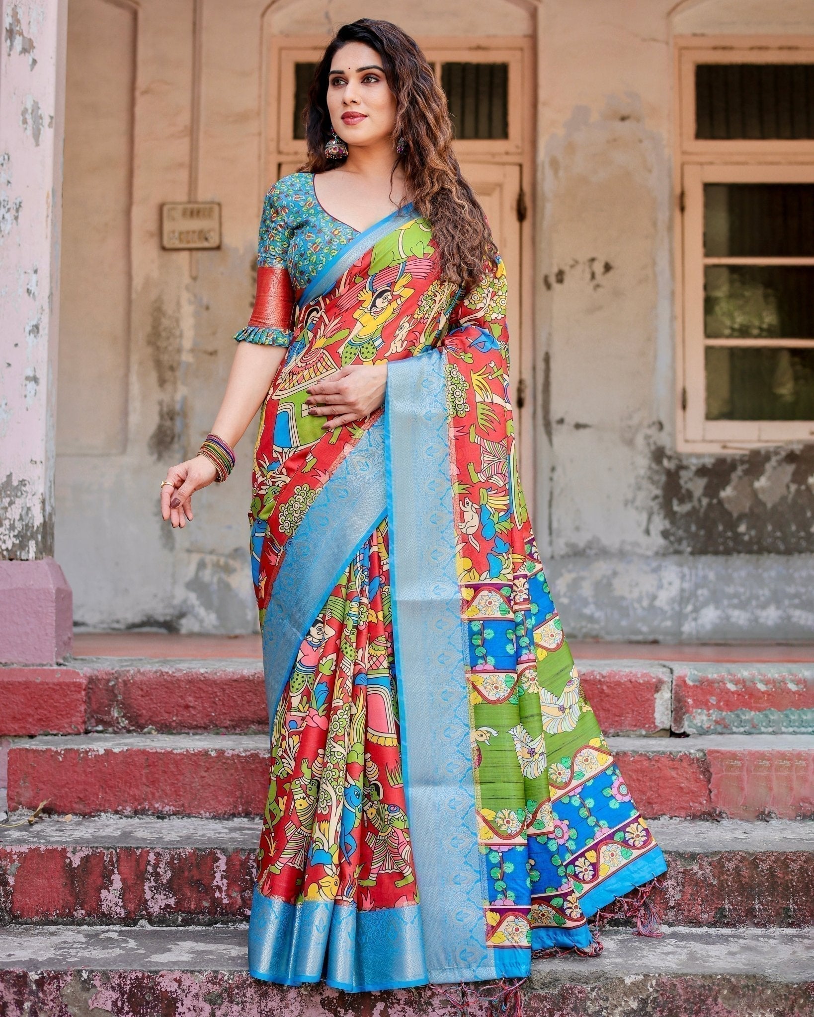 Multicolor Folk Art Inspired Digital Print Tussar Silk Saree with Sky Blue Zari Border Secondary image