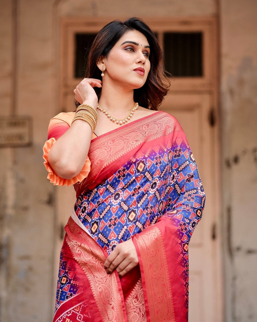Royal Blue and Red Tussar Silk Saree with Geometric Patterns and Ornate Zari Border DIGITAL PRINT