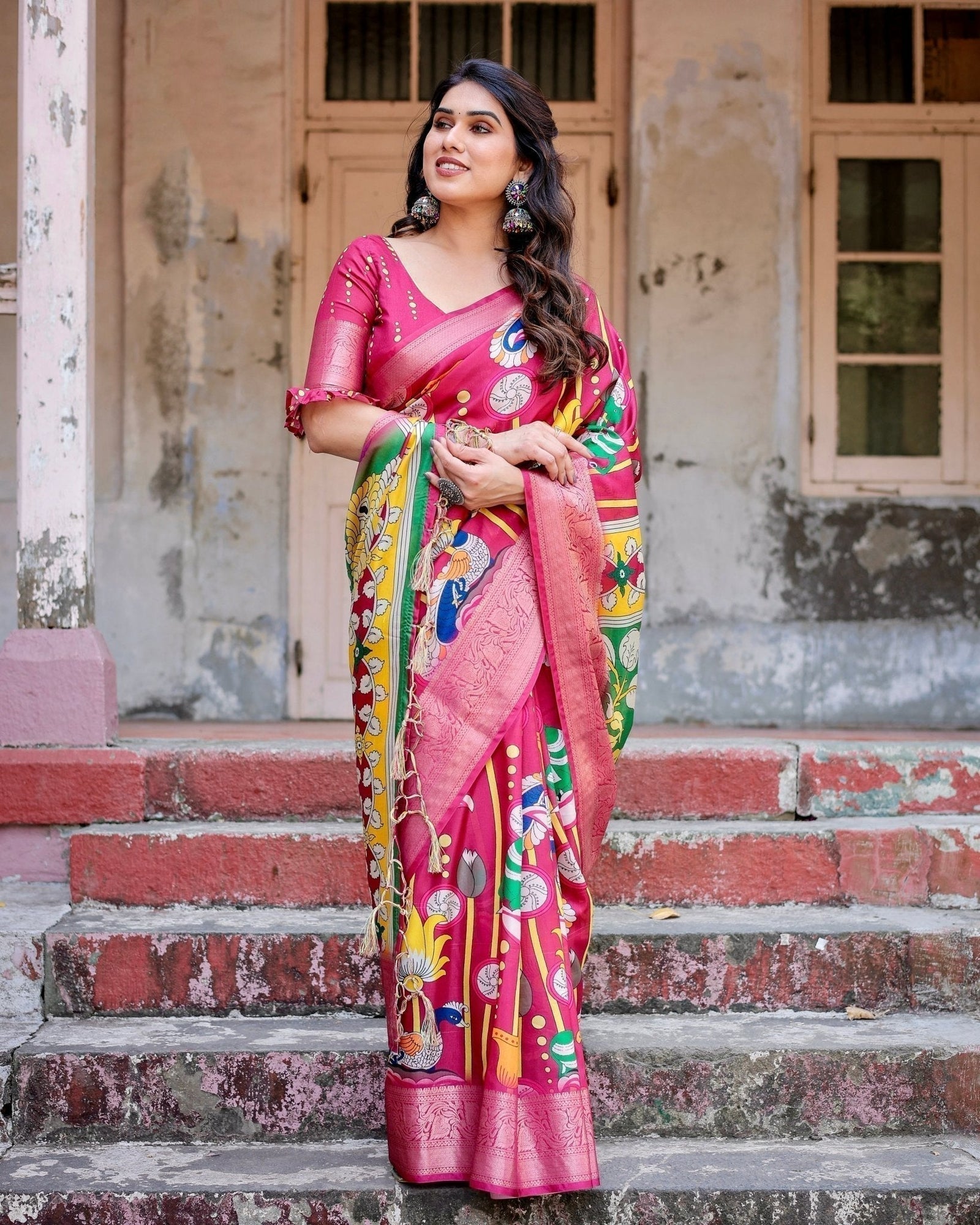 Magenta Tussar Silk Saree with Artistic Peacock & Floral Kalamkari Design DIGITAL PRINT