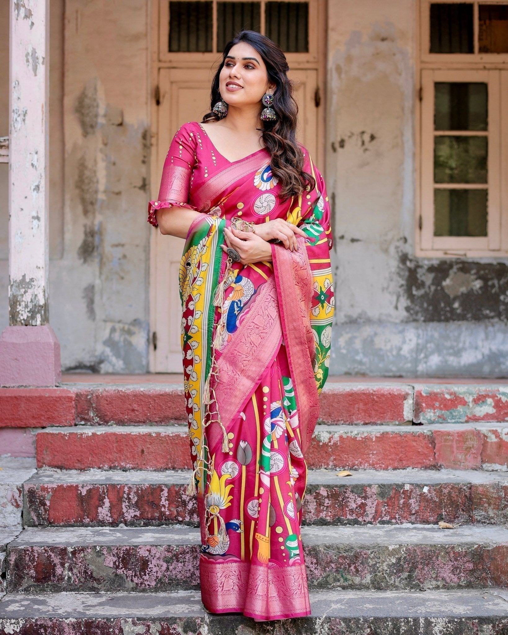 Magenta Tussar Silk Saree with Artistic Peacock & Floral Kalamkari Design DIGITAL PRINT Main image