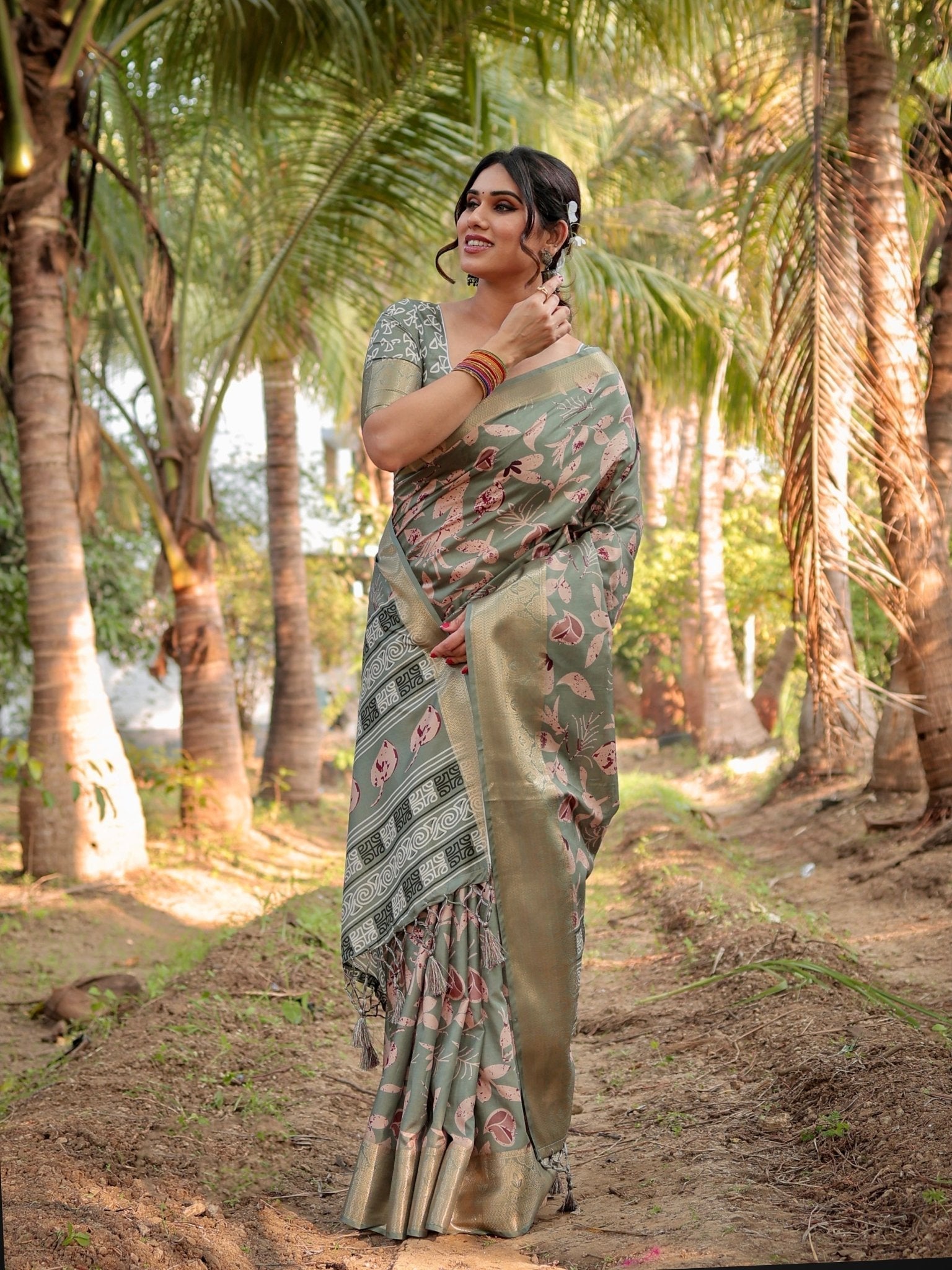 Graceful Olive Green Tussar Silk Saree with Intricate Beige and Maroon Botanical Print and Zari Border DIGITAL PRINT