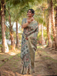 Load image into Gallery viewer, Graceful Olive Green Tussar Silk Saree with Intricate Beige and Maroon Botanical Print and Zari Border DIGITAL PRINT