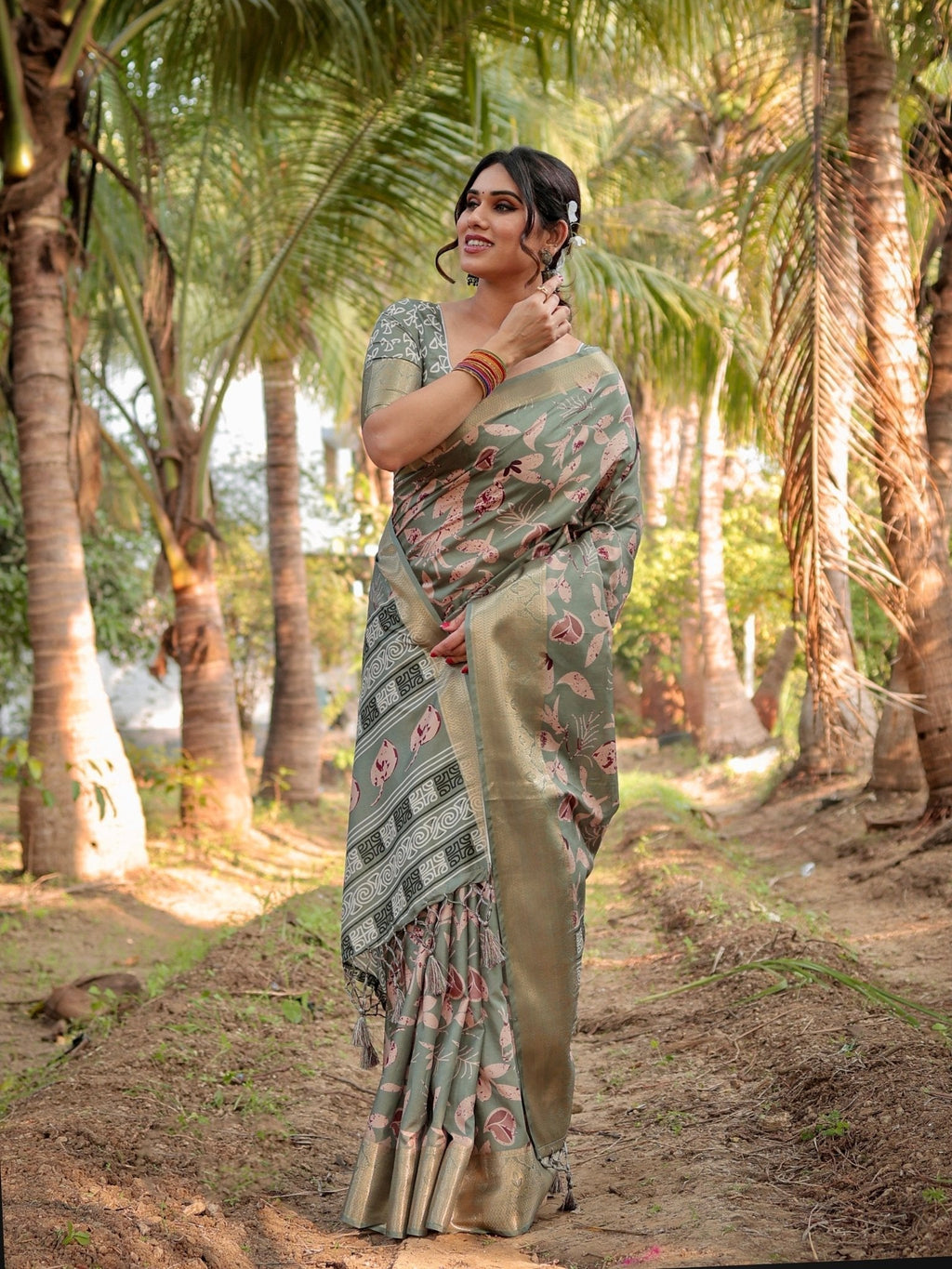 Graceful Olive Green Tussar Silk Saree with Intricate Beige and Maroon Botanical Print and Zari Border DIGITAL PRINT