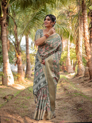 Graceful Olive Green Tussar Silk Saree with Intricate Beige and Maroon Botanical Print and Zari Border DIGITAL PRINT