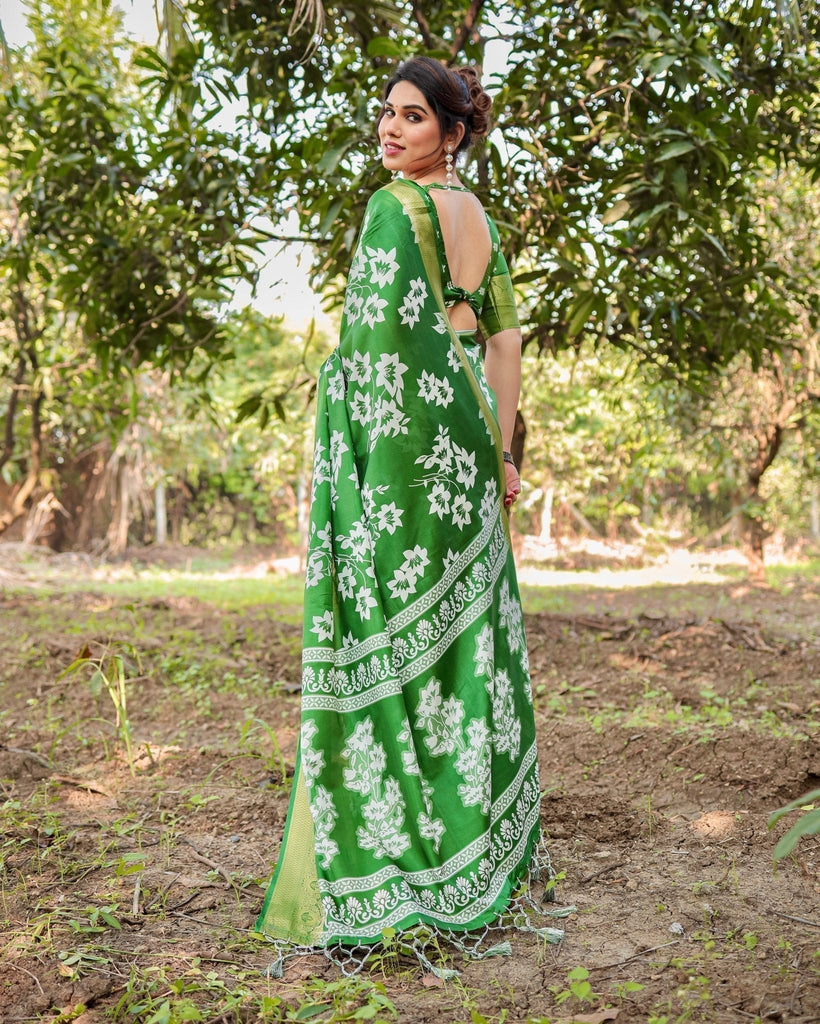 Enchanting Green Tussar Silk Saree with White Floral Prints and Zari Border DIGITAL PRINT