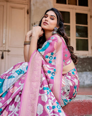 Blush Pink Tussar Silk Saree with Elegant Peacock and Floral Kalamkari Design DIGITAL PRINT
