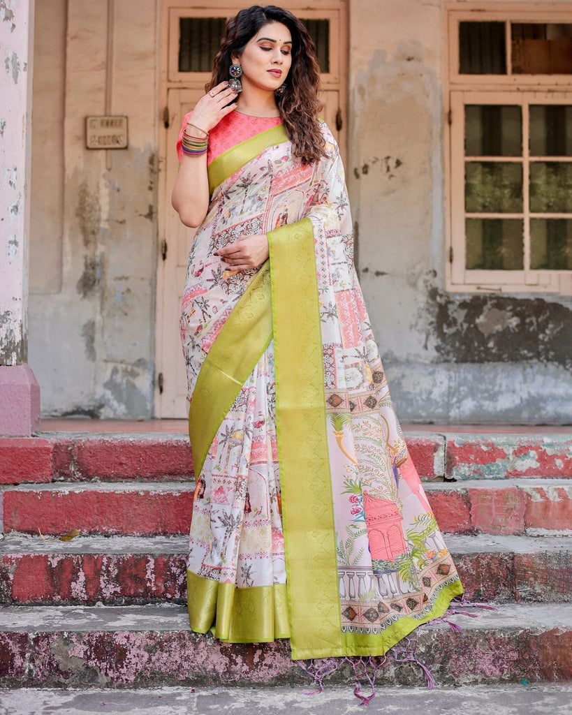 Pastel Tussar Silk Saree with Lime Green Zari Border and Hand-Painted Heritage Designs DIGITAL PRINT