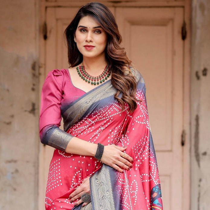 Crimson Red Tussar Silk Saree with Bandhani Patterns, Zari Border, and Vibrant Artistic Pallu DIGITAL PRINT