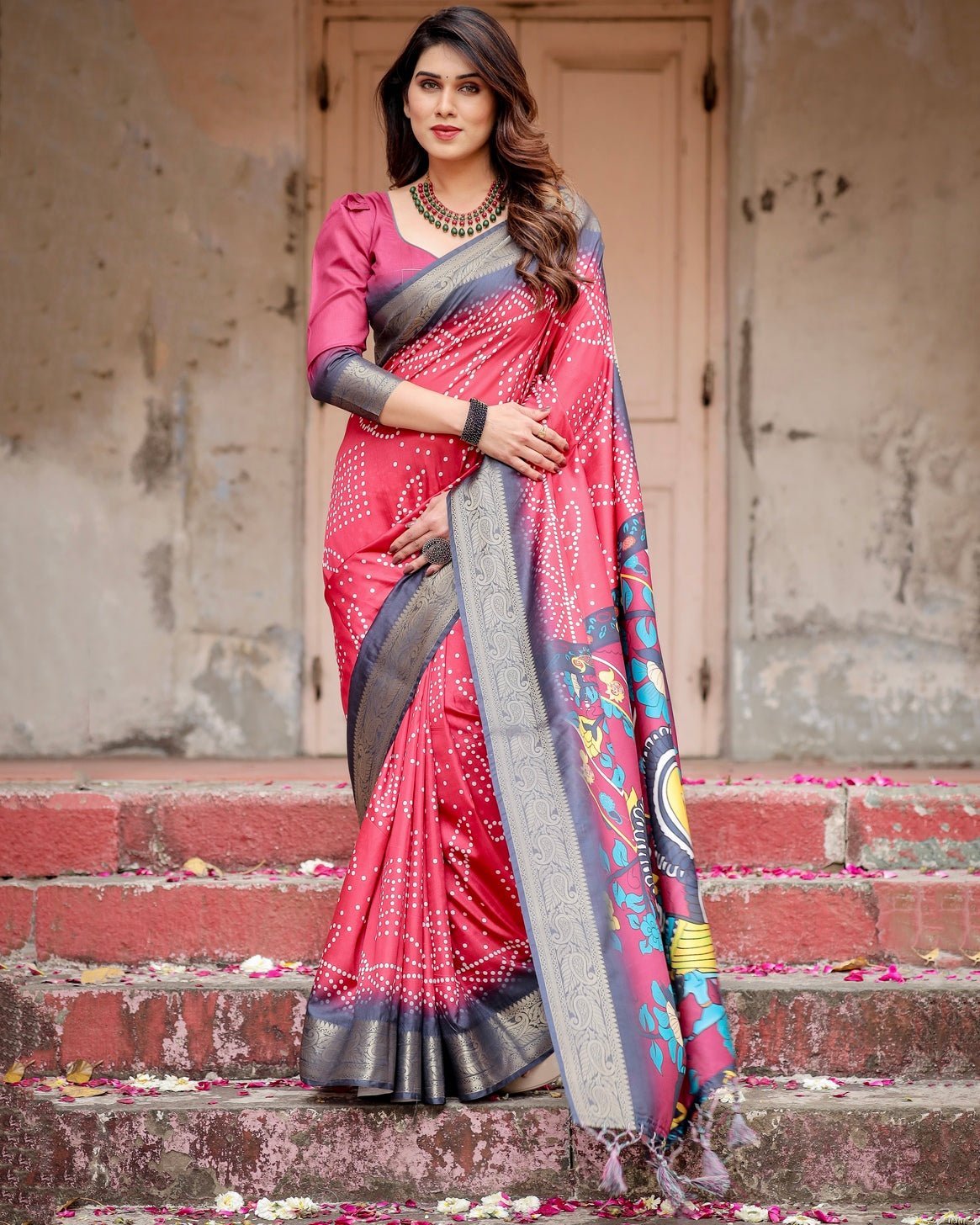 Crimson Red Tussar Silk Saree with Bandhani Patterns, Zari Border, and Vibrant Artistic Pallu DIGITAL PRINT Main image