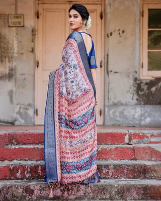 Ivory and Navy Blue Tussar Silk Saree with Floral Elegance and Ornamental Zari Work DIGITAL PRINT