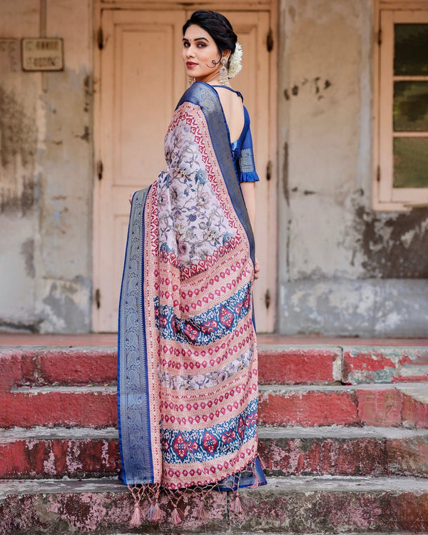 Ivory and Navy Blue Tussar Silk Saree with Floral Elegance and Ornamental Zari Work DIGITAL PRINT