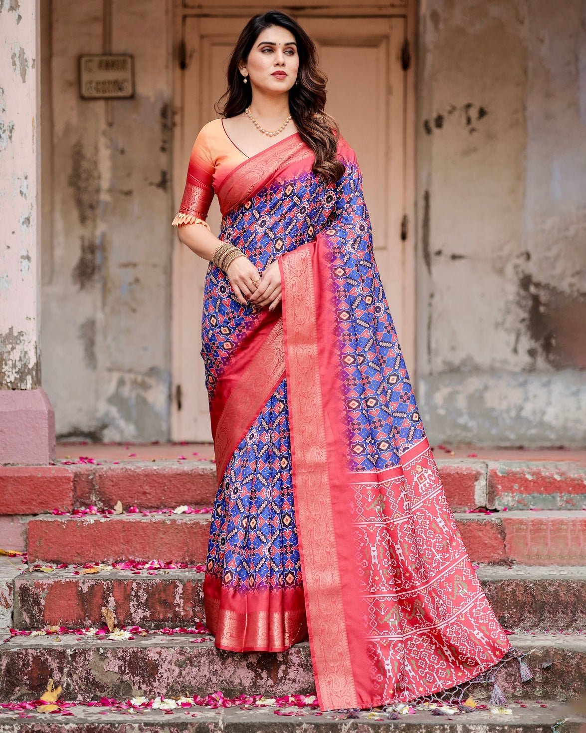 Royal Blue and Red Tussar Silk Saree with Geometric Patterns and Ornate Zari Border DIGITAL PRINT Main image
