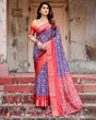 Load image into Gallery viewer, Royal Blue and Red Tussar Silk Saree with Geometric Patterns and Ornate Zari Border DIGITAL PRINT