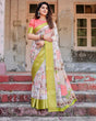 Load image into Gallery viewer, Pastel Tussar Silk Saree with Lime Green Zari Border and Hand-Painted Heritage Designs DIGITAL PRINT