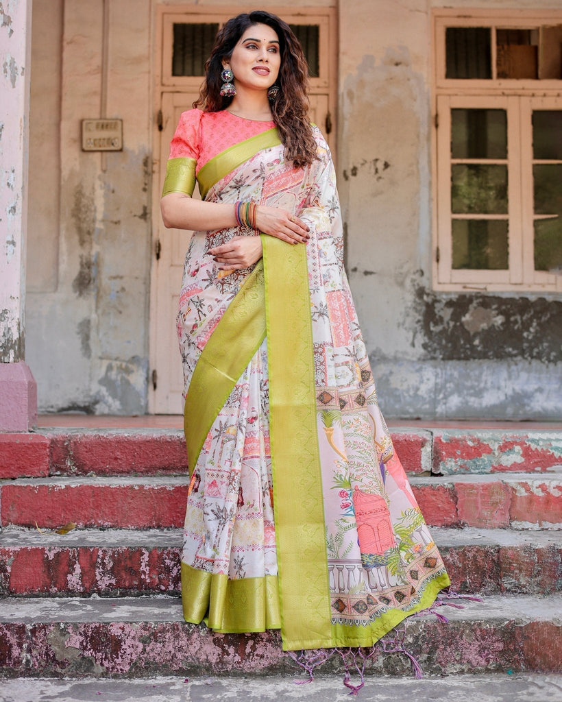 Pastel Tussar Silk Saree with Lime Green Zari Border and Hand-Painted Heritage Designs DIGITAL PRINT