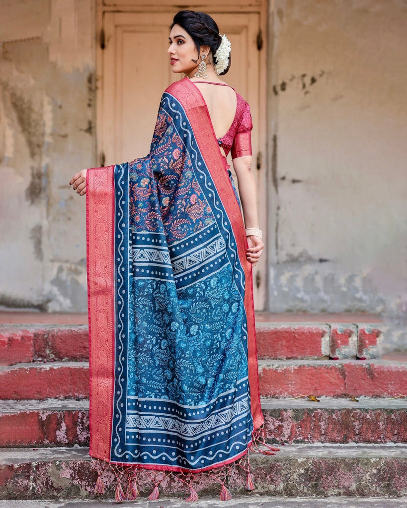 Teal Blue and Coral Tussar Silk Saree with Floral Weaves and Geometric Pallu DIGITAL PRINT