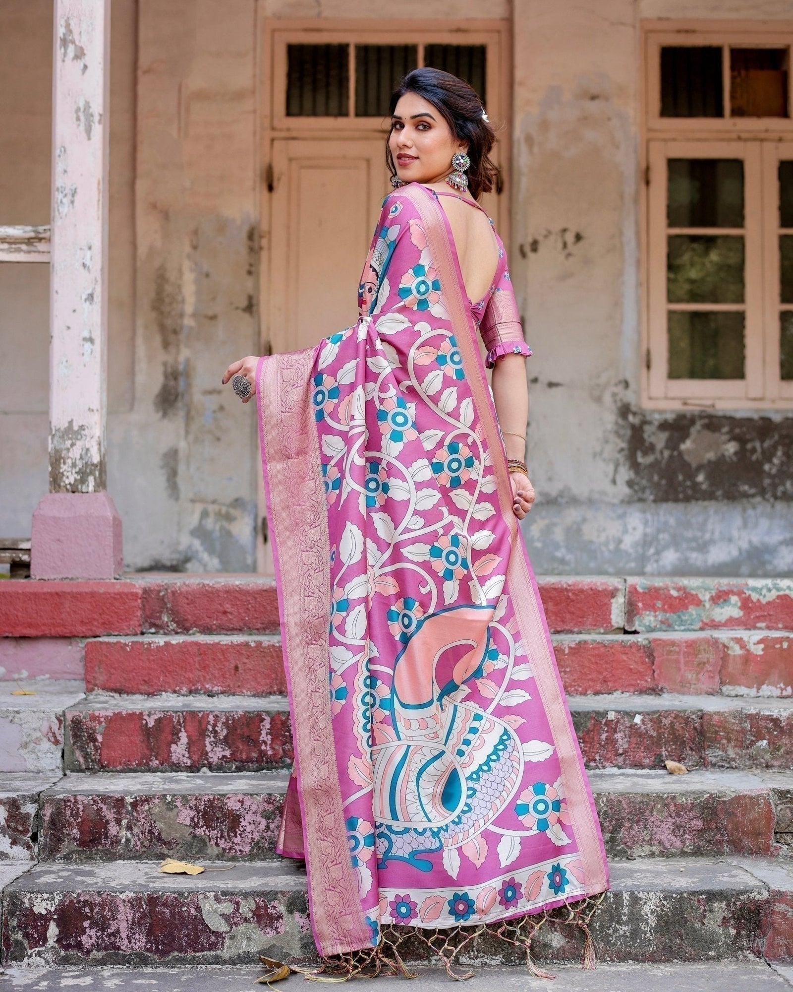 Blush Pink Tussar Silk Saree with Elegant Peacock and Floral Kalamkari Design DIGITAL PRINT