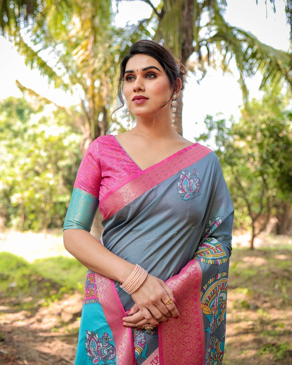Pastel Grey and Turquoise Digital Print Tussar Silk Saree with Pink Zari Border and Peacock Motif Pallu DIGITAL PRINT