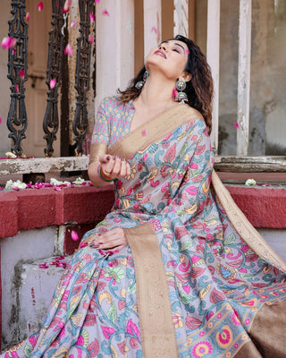 Exquisite Gray Floral Digital Print Saree with Golden Border and Ornamental Pallu DIGITAL PRINT