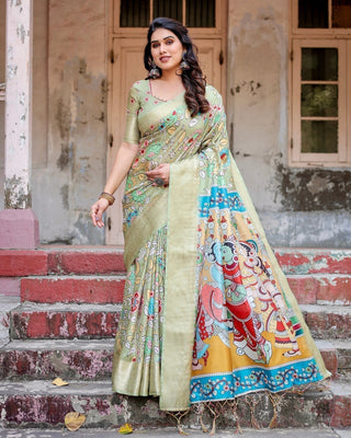 Pastel Green Tussar Silk Saree with Mythological Kalamkari Pallu and Zari Border DIGITAL PRINT