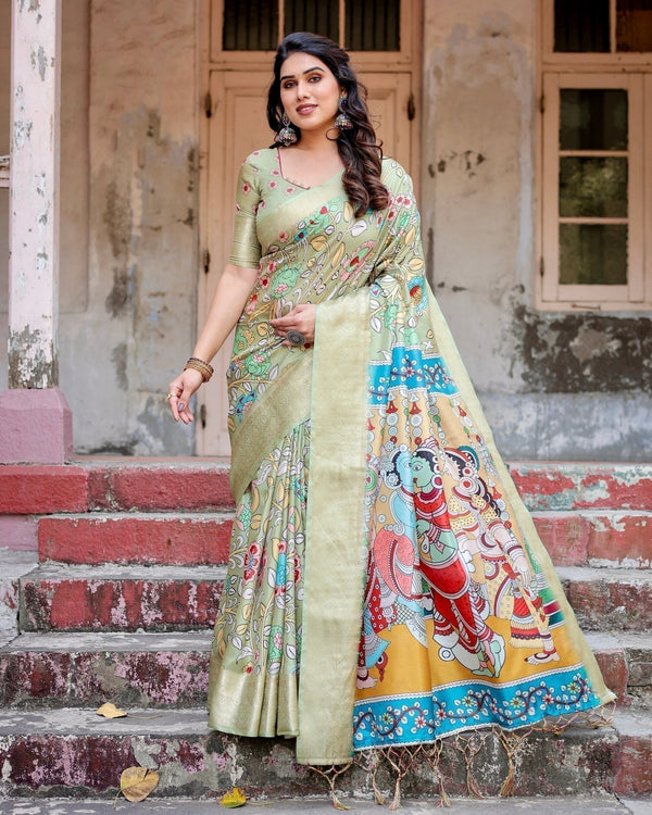 Pastel Green Tussar Silk Saree with Mythological Kalamkari Pallu and Zari Border DIGITAL PRINT
