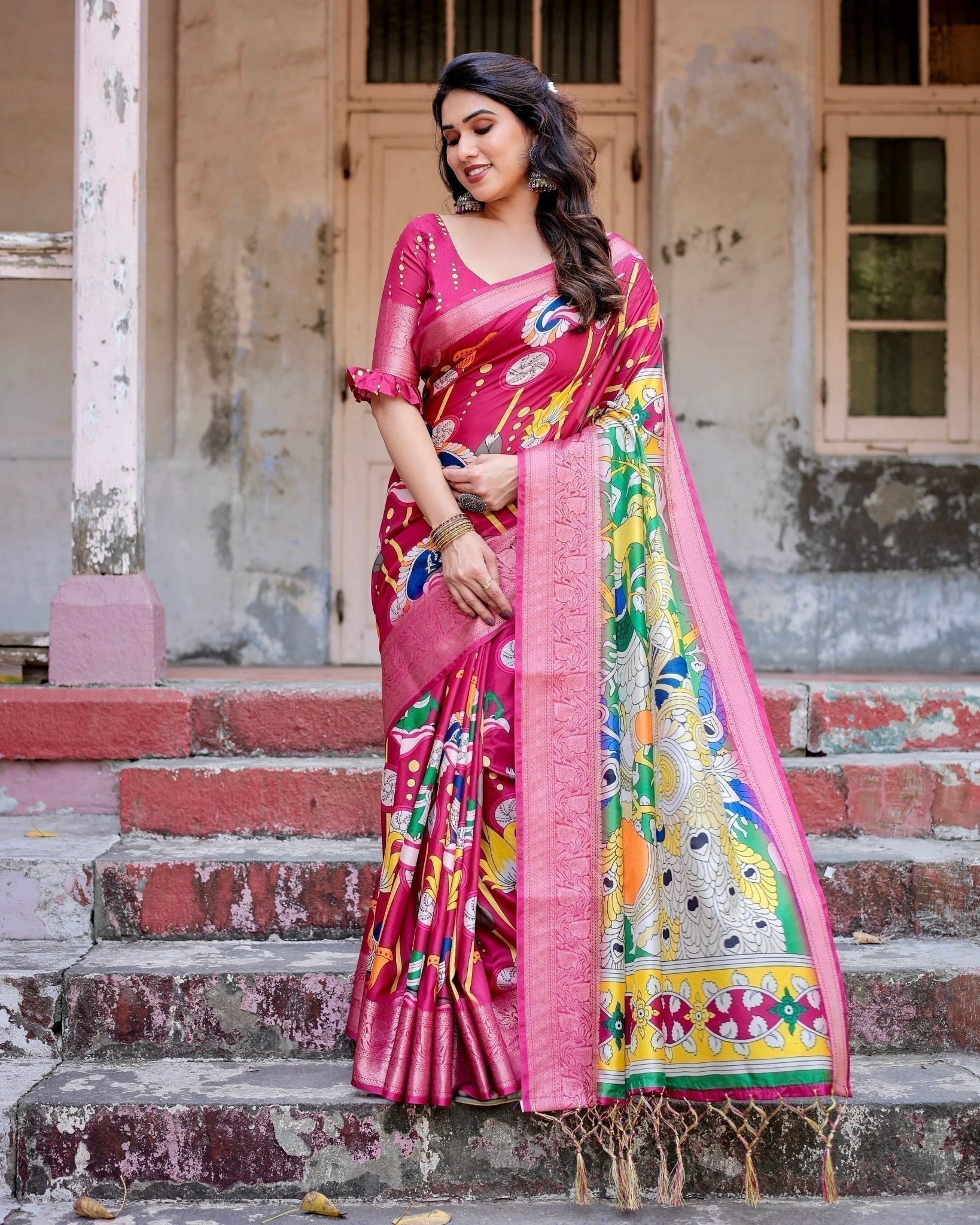 Magenta Tussar Silk Saree with Artistic Peacock & Floral Kalamkari Design Secondary image