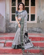 Load image into Gallery viewer, Monochrome White and Black Tussar Silk Saree with Tribal Art Motifs and Zari Border DIGITAL PRINT