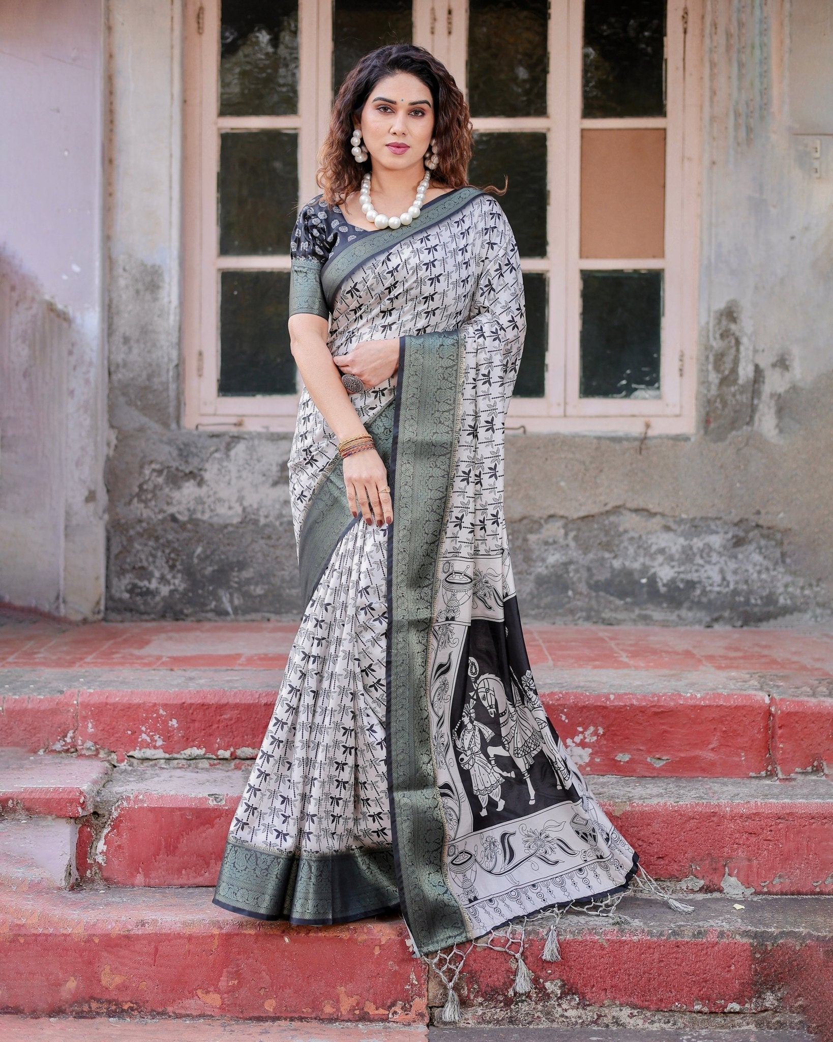 Monochrome White and Black Tussar Silk Saree with Tribal Art Motifs and Zari Border DIGITAL PRINT Main image