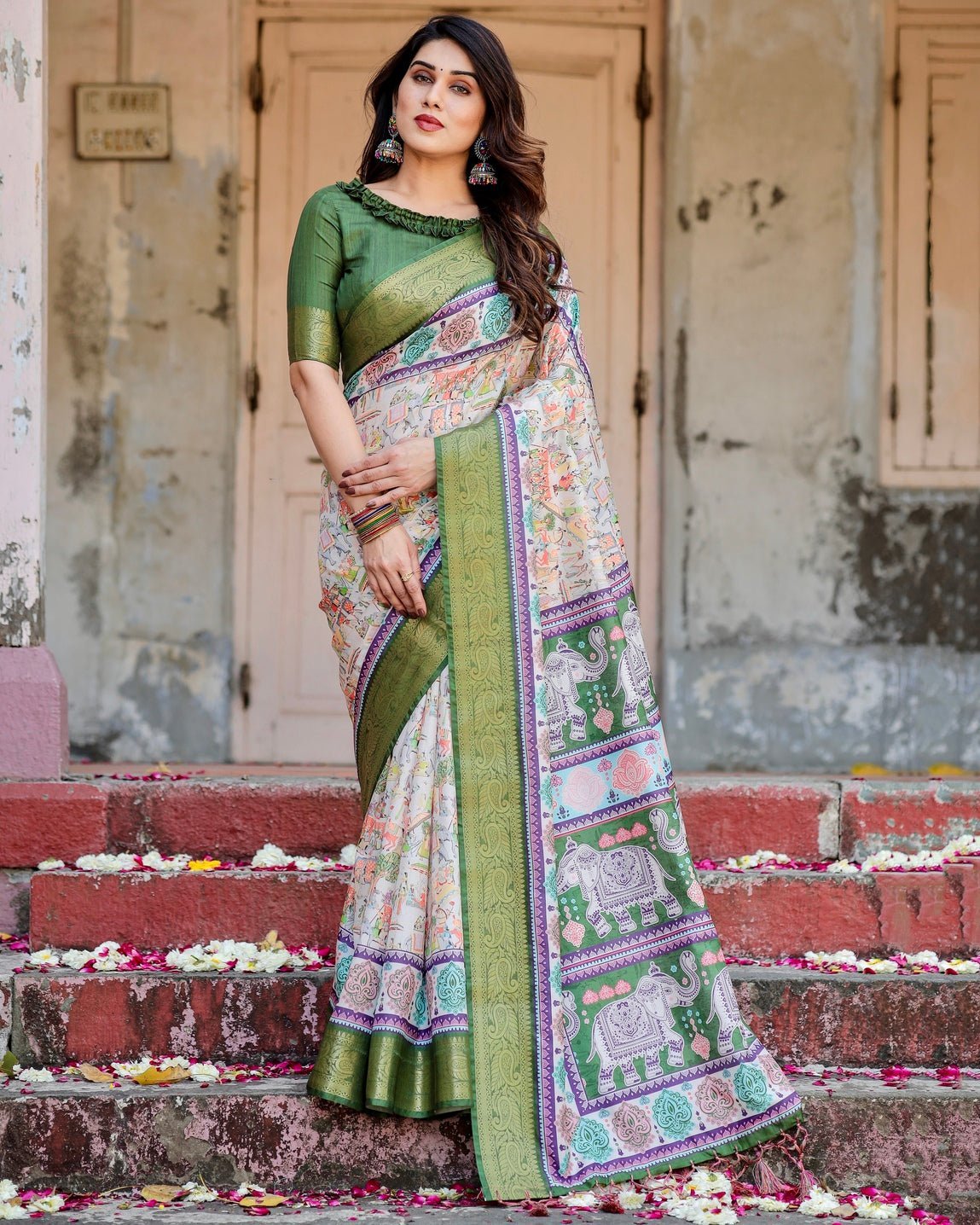 Ivory and Green Tussar Silk Saree with Elephant Motifs and Intricate Zari Border DIGITAL PRINT