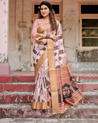 Ivory Tussar Silk Saree with Artistic Floral Motifs and Gleaming Golden Zari Border DIGITAL PRINT