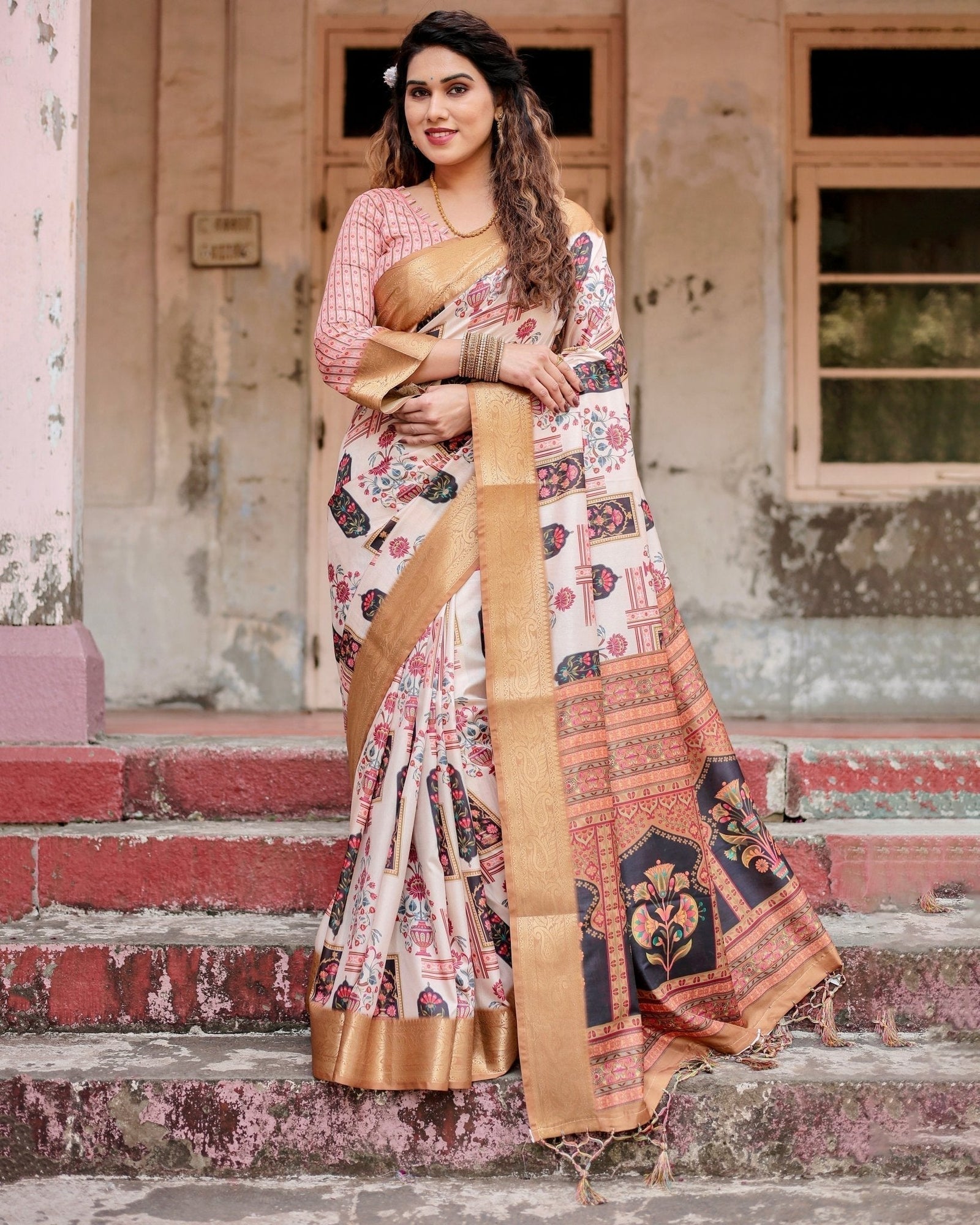 Ivory Tussar Silk Saree with Artistic Floral Motifs and Gleaming Golden Zari Border DIGITAL PRINT