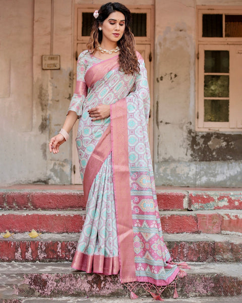 Pastel Pink and Mint Green Geometric Tussar Silk Saree with Zari Paisley Border DIGITAL PRINT Main image