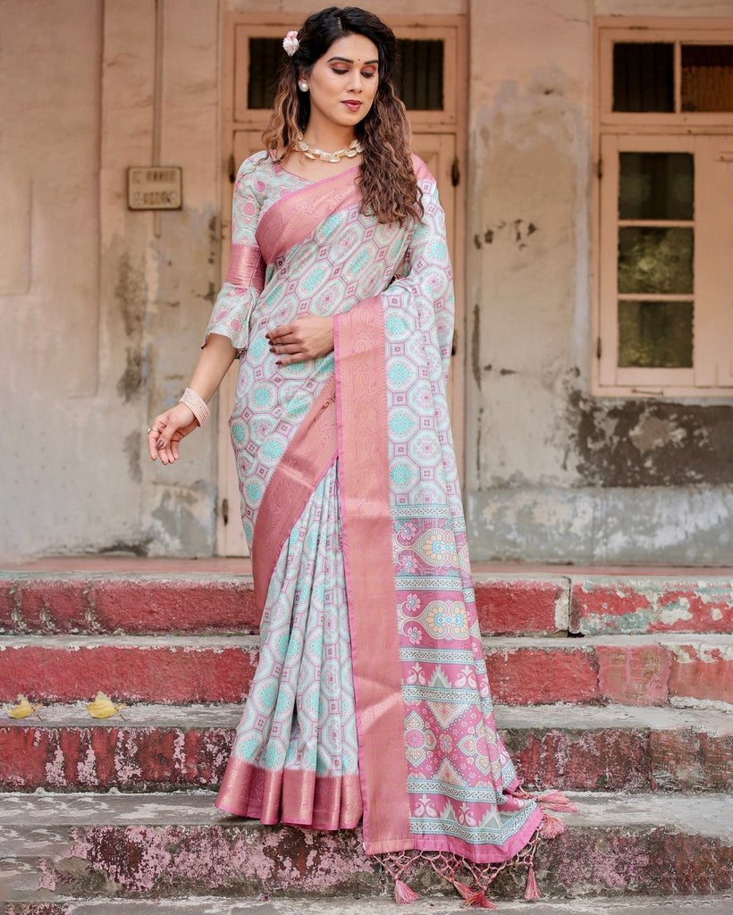 Pastel Pink and Mint Green Geometric Tussar Silk Saree with Zari Paisley Border DIGITAL PRINT