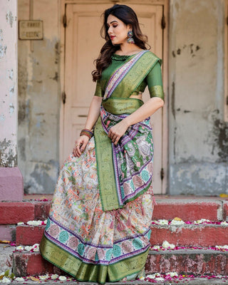 Ivory and Green Tussar Silk Saree with Elephant Motifs and Intricate Zari Border DIGITAL PRINT