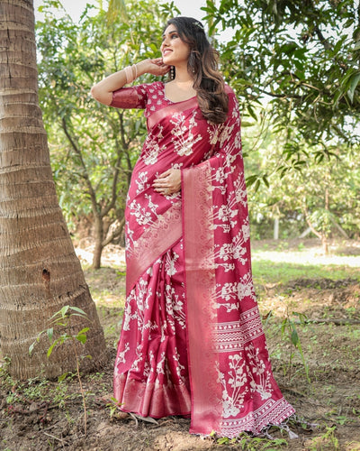 Maroon Tussar Silk Saree with White Floral Motifs, Intricate Zari Border, and Elegant Tassel Pallu DIGITAL PRINT