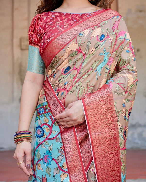 Beige Tussar Silk Saree with Vibrant Multicolor Floral Prints and Red Zari Border DIGITAL PRINT