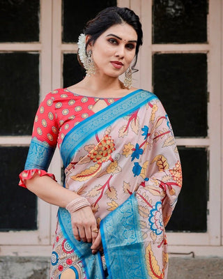 Beige and Red Tussar Silk Saree with Divine Motifs and Floral Zari Border DIGITAL PRINT