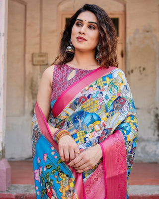 Vibrant Multicolor Digital Printed Tussar Silk Saree with Pink Zari Border DIGITAL PRINT