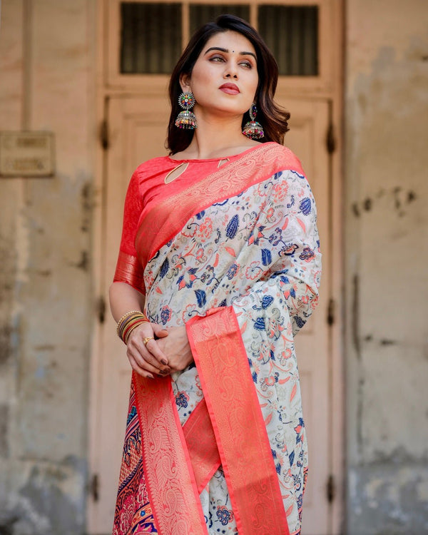 Ivory Tussar Silk Saree with Coral Zari Border and Intricate Floral Motifs DIGITAL PRINT