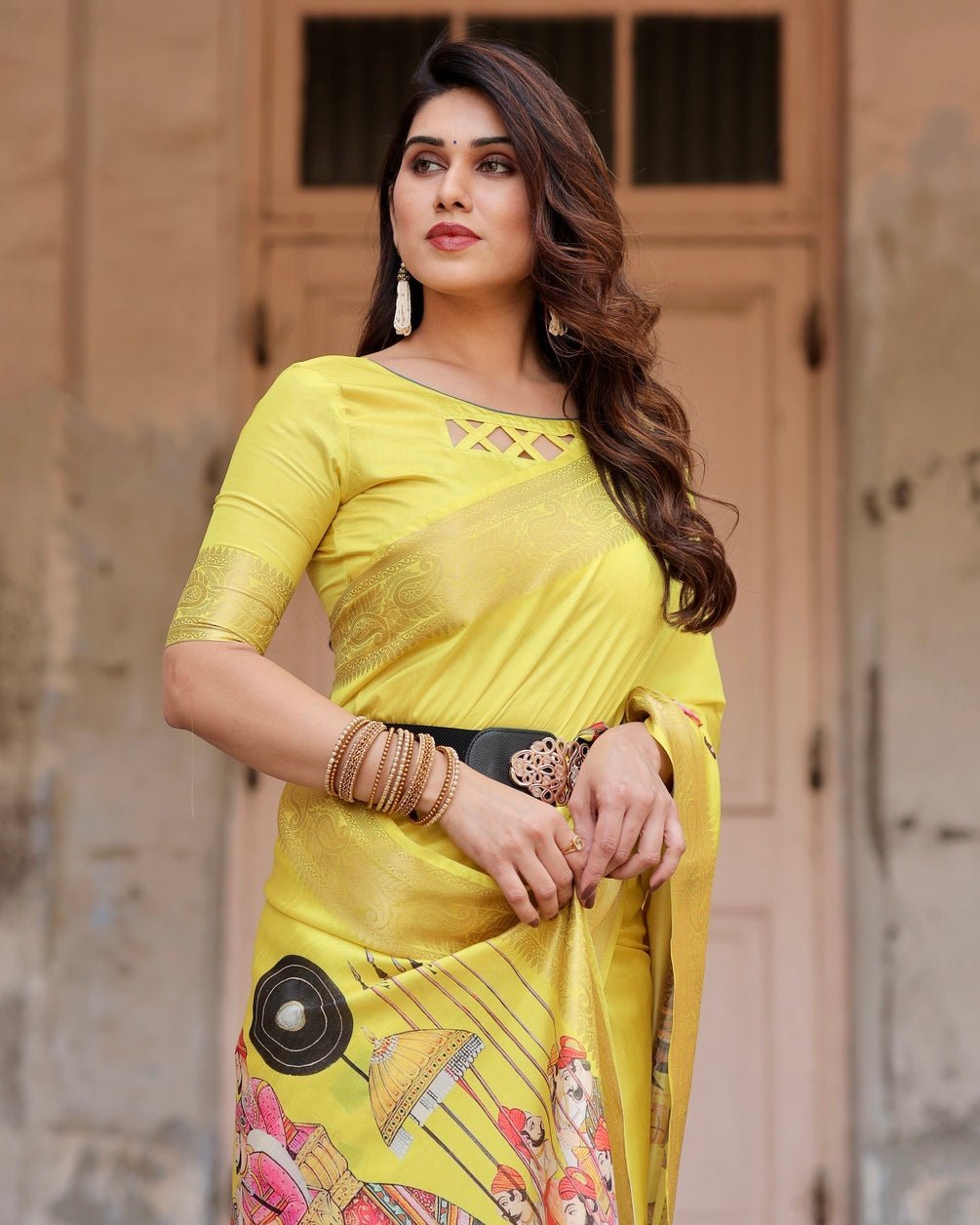 Vibrant Yellow Tussar Silk Saree with Royal Procession Pallu and Zari Accents DIGITAL PRINT