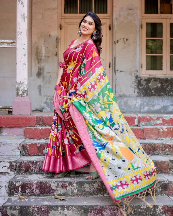 Magenta Tussar Silk Saree with Artistic Peacock & Floral Kalamkari Design DIGITAL PRINT